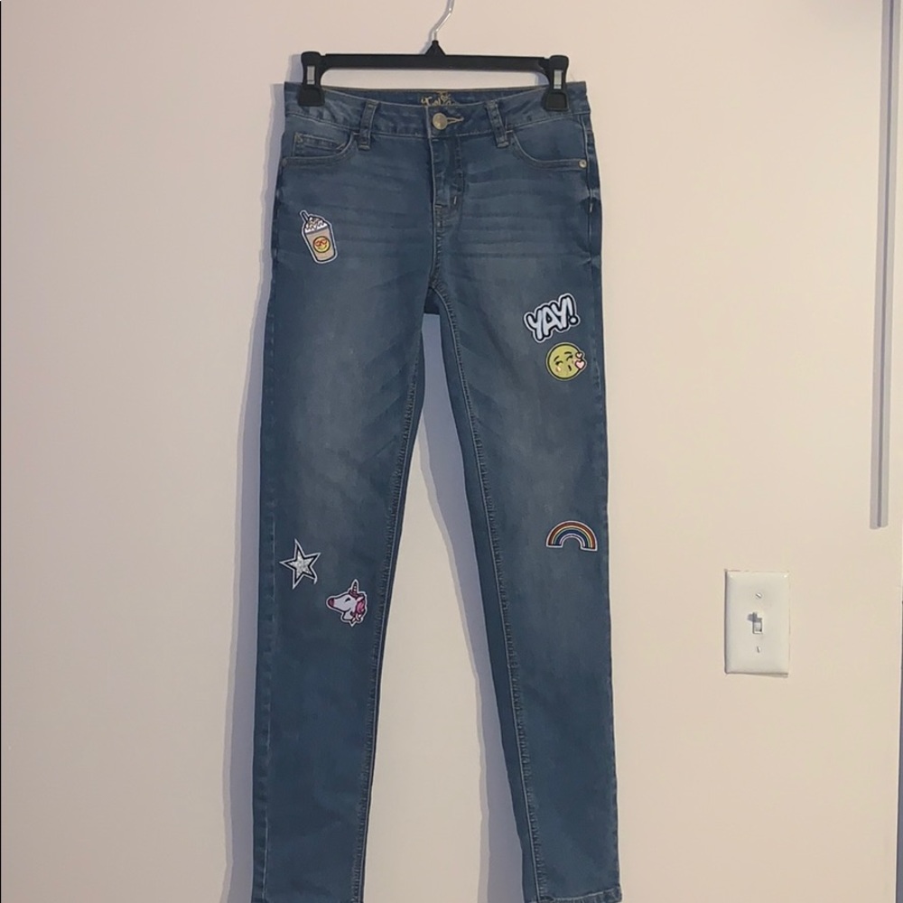 Jeans w/ patches 14 Slim, low rise, super skinny